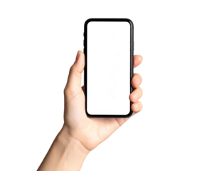 A person's hand holding a smartphone with a blank, white screen, against a black background