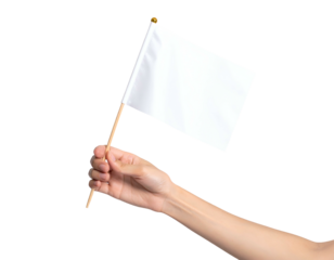 A hand holding a small white flag on a wooden stick against a transparent black background