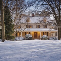 Exterior of a snow-covered house in winter, showcasing classic American style surrounded by pristine white snow