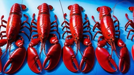 Four vivid red lobsters neatly aligned on a striking blue backdrop, showcasing their rich color