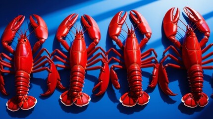 Four vivid red lobsters neatly aligned on a striking blue backdrop, showcasing their rich color