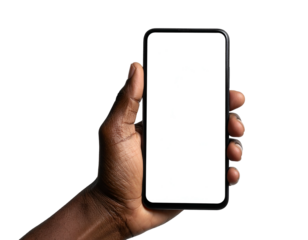 Dark-skinned hand holding smartphone with blank, bright screen against black background