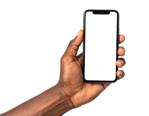 A dark-skinned hand holding a blank-screen smartphone against a solid black background