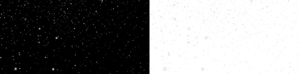 Snowfall overlay with black and white backgrounds, creating a magical winter atmosphere, ideal for enhancing holiday-themed designs and seasonal projects with copy space