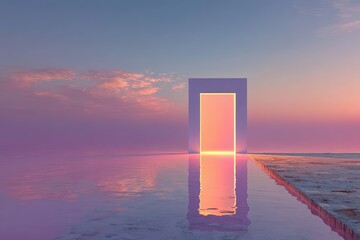 Light illuminates open door in a pink and purple room, reflection of door on floor adding to the ethereal glow
