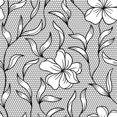 Elegant seamless black lace pattern featuring delicate floral and leaf motifs. Perfect for fabrics, wallpapers, and romantic vintage-style projects.