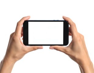 Two hands holding a black smartphone horizontally, blank white screen, against black background