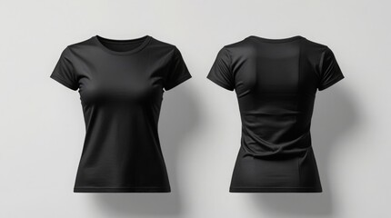  Front and back view of black women’s t-shirt mockup, smooth cotton texture, clean lighting for fashion brand display 