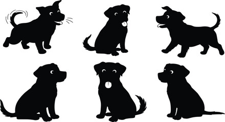 Vector silhouette illustration of dogs in various poses with playful, sitting, standing expressions showing loyalty, companionship, domestic pets, and behavior