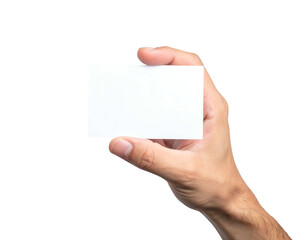 Close-up shows a hand holding a blank white rectangular card against a black background