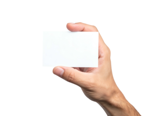 Close-up shows a hand holding a blank white rectangular card against a black background