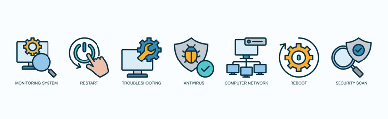 System Pulse Icon Set Isolated Vector With Icon Of Monitoring System, Restart, Troubleshooting, Antivirus, Computer Network, Reboot, Security Scan In Outline Color Style