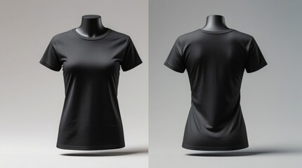 Front and back view of black women’s t-shirt mockup, smooth cotton texture, clean lighting for fashion brand display 