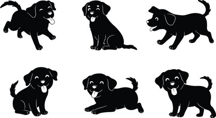 Vector silhouette illustration of playful puppies in various poses showing happiness, energy, joy, cuteness, fun, domestic pets, and companionship