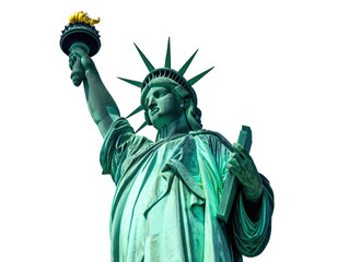 Fototapeta premium An iconic copper-colored statue, holding a torch aloft against a black background