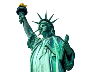 An iconic copper-colored statue, holding a torch aloft against a black background