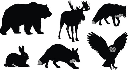 Wild animal silhouettes including bear, moose, fox, rabbit, and owl vector illustration for forest, wildlife, outdoor adventure, and nature themes