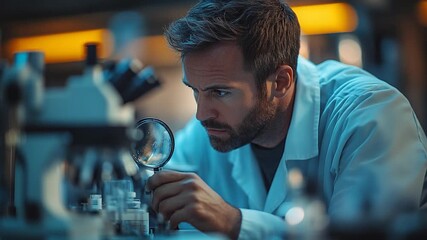 Focused Scientist Examining Circuit Board with Magnifying Glass in Lab.