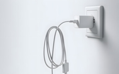 Power Adapter with Charging Cable Plugged into Wall Socket in Modern Room
