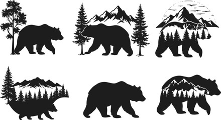 Wild bear silhouettes with forest, mountain, and nature landscape double exposure style vector illustration for wildlife, adventure, outdoor, and travel themes © Asad Creative