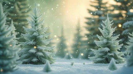  Frosty pine forest covered in snow, glowing Christmas morning light, blurred magical background with fir branches