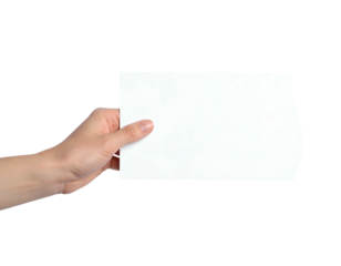 A person's hand holding a blank white rectangular paper against a black background