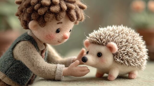 Handmade doll interacting with miniature hedgehog on textured surface