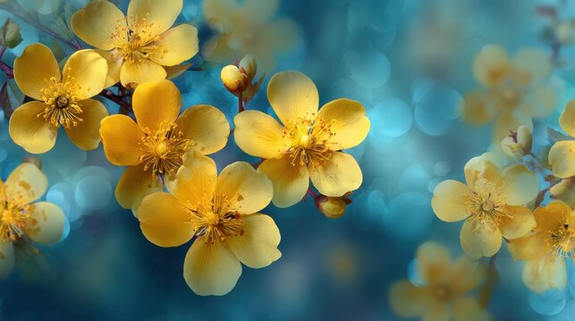 Background. Summer Yellow Wild Flowers on Blue Background. Springtime Floral Backrounds