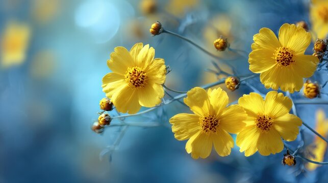 Background. Summer Yellow Wildflowers on Blue with Springtime Floral Accents