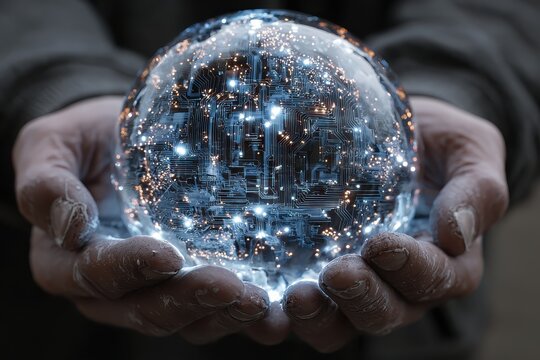 Holding futuristic sphere with glowing circuits in hands during the daytime - Powered by Adobe