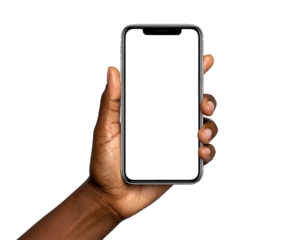 Close-up view of an African-American hand grasping a mobile phone against a black background