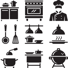 kitchen, restaurant, chef, icon, set, glyph, silhouette, cooking, food, professional, commercial, catering, service, culinary, gastronomy, gourmet, hotel, cafe