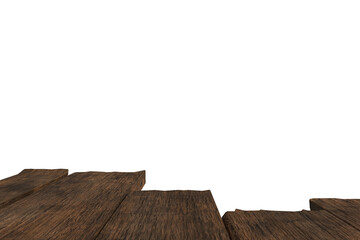 Rough-textured dark wooden planks form a rustic ground plane, extending from left to bottom right against a stark, empty black void above and beside it