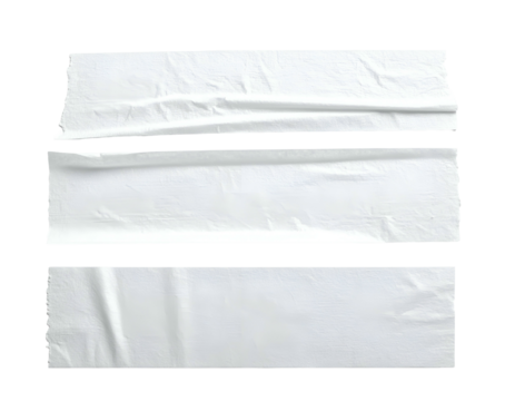 Isolated, digitally rendered strips of white tape, arranged vertically with a jagged upper edge