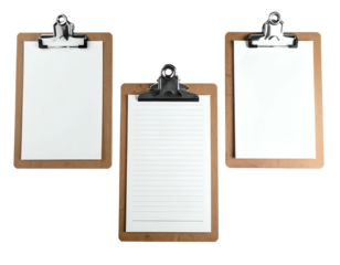 Three clipboards with different papers are arranged on a black backdrop