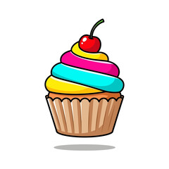 Colorful cupcake with cherry on top, delicious dessert.