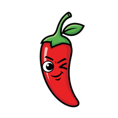 Cartoon red chili pepper with a winking face and green stem.