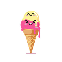 Cute ice cream cone with happy faces and melting flavors.