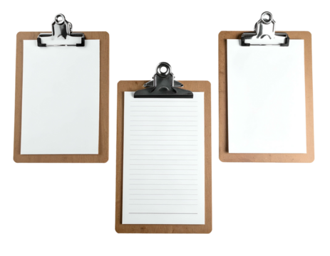 Three clipboards with different papers are arranged on a black backdrop