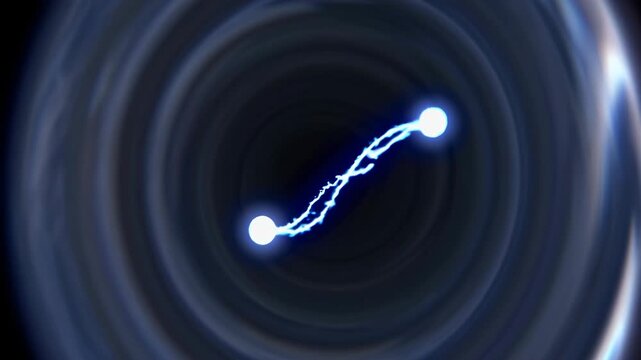 Abstract video concept featuring two glowing spheres connected by light, viewed from a top-down angle within a dark, swirling vortex. Live desktop wallpaper.