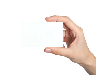 Person's hand holding a blank rectangular card against a black background