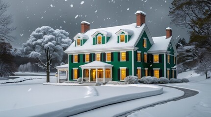  Green house in New England after a heavy snowstorm, with snow blanketing the roof and surrounding landscape 