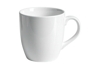 A pristine white ceramic mug, slightly tilted, featuring a curved handle against a solid background