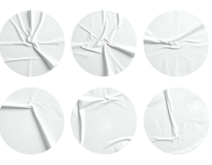 Six white circular stickers with varying degrees of crinkles and folds, set against a dark backdrop