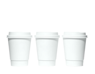 Three white paper coffee cups with lids, isolated against a solid black background