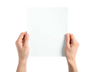 Close-up view of two hands holding a blank white sheet of paper against a black backdrop