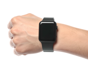Human hand with a digital wristwatch against a black background, displaying a dark screen