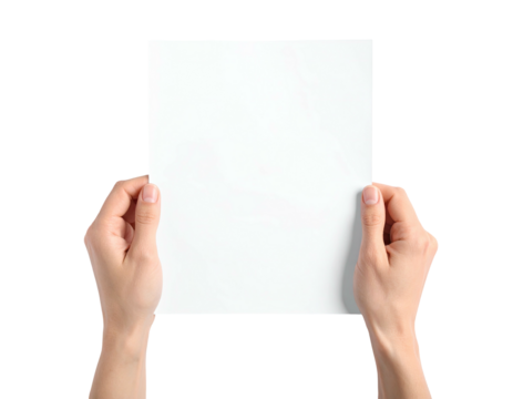 Close-up view of two hands holding a blank white sheet of paper against a black backdrop - Powered by Adobe