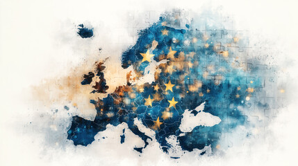 Abstract watercolor illustration of Europe map with vibrant colors and stars, symbolizing unity and diversity in a creative artistic representation