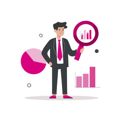 Businessperson analyzing data with magnifying glass and charts